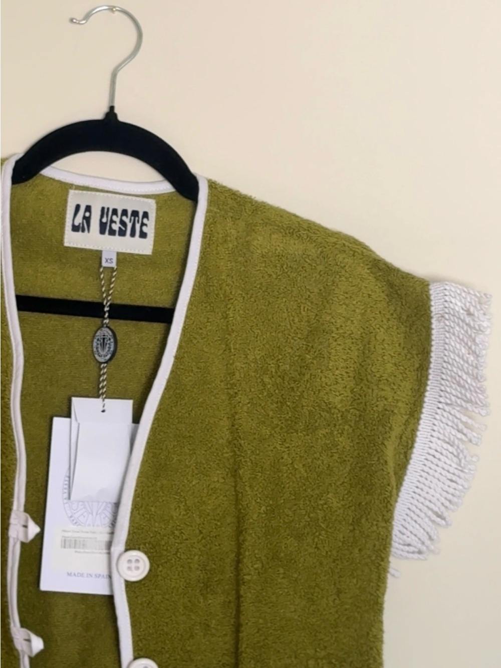 Olive Green Mini Dress with White Fringe Sleeves - Picture 5 of 7